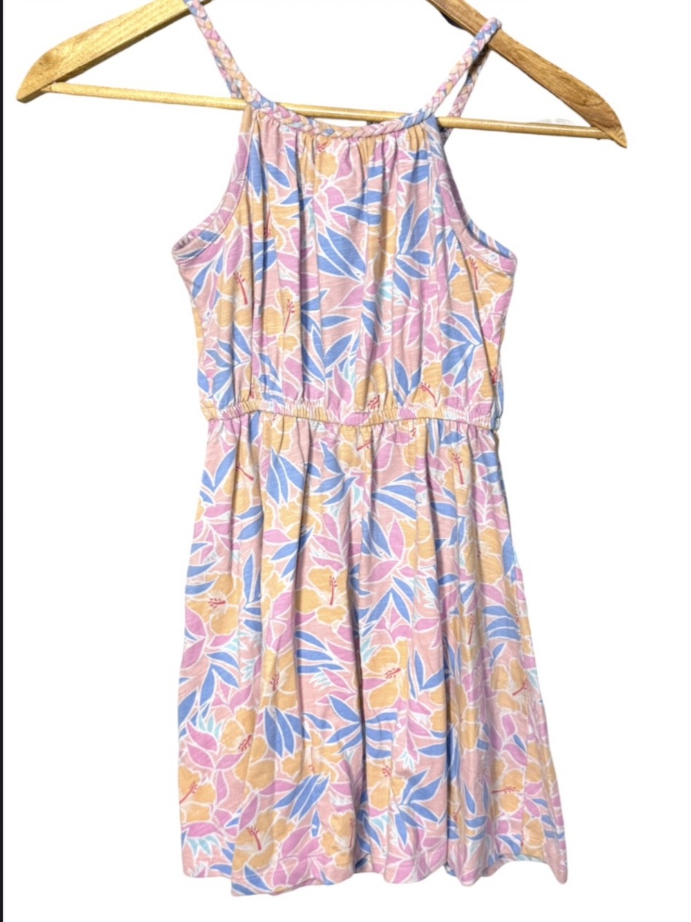 SO pink floral halter dress with blue & yellow leaf print Girl’s size 8 (M) | g
